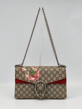 Gucci Dionysus Bloom Floral GG Supreme Shoulder Bag Red Suede Chain Italy